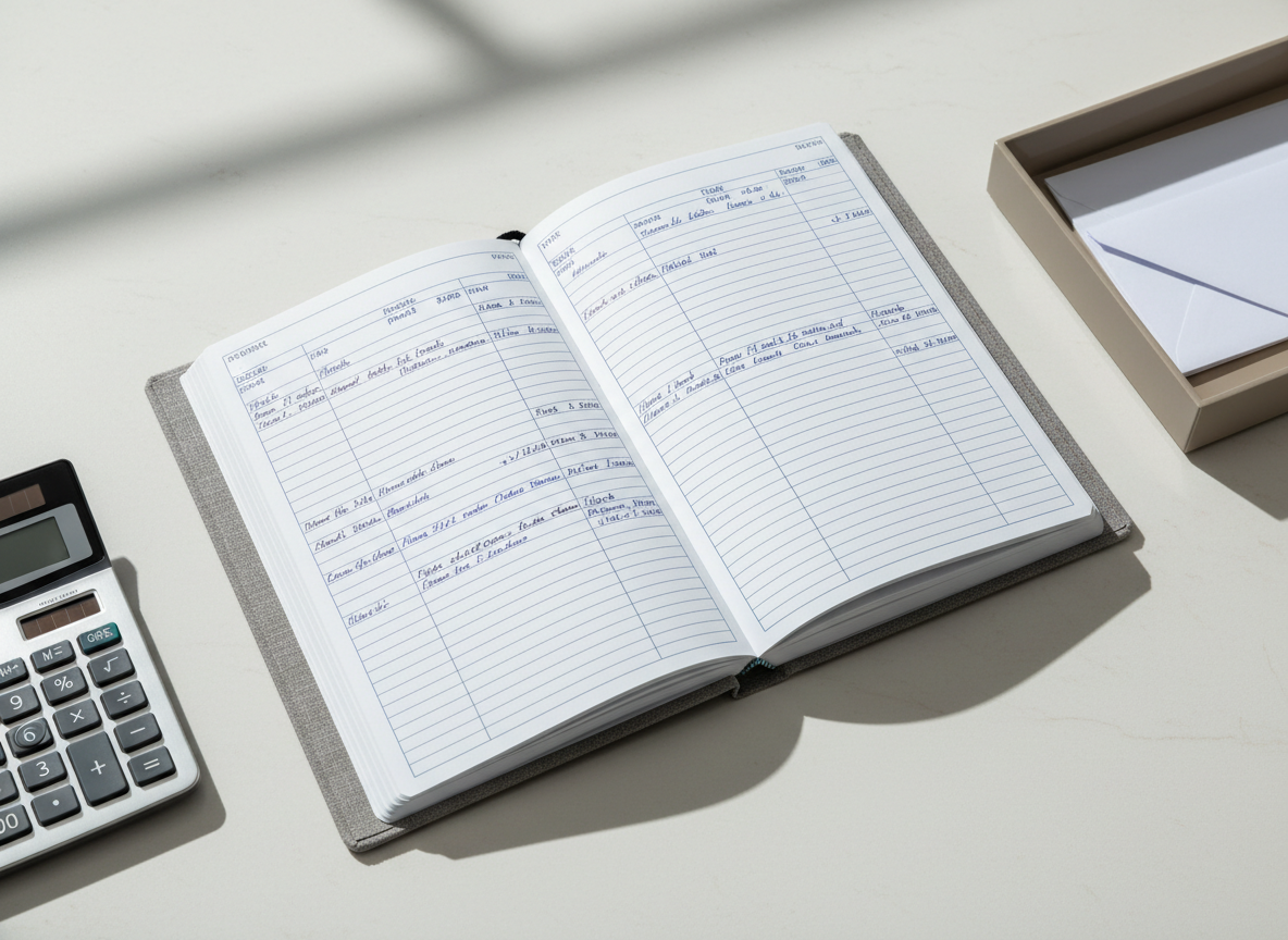 A close-up of a premium, hardcover accounting ledger with textured gray linen cover, its immaculate pages fanned open to reveal precise, neatly ruled columns filled with handwritten entries. The ledger is placed on a spotless, pale stone surface beside a high-end stainless steel calculator and a glossier, taupe document tray. Diffused cool daylight coming from the left accentuates the fine materials and creates gentle, symmetrical shadows, adding depth and clarity. Captured from a slight top-down angle, following the rule of thirds for balanced composition, the mood is calm, precise, and methodical, reflecting reliability and meticulous care in bookkeeping. The style is photographic and minimalist, aligning perfectly with a corporate accounting brand.