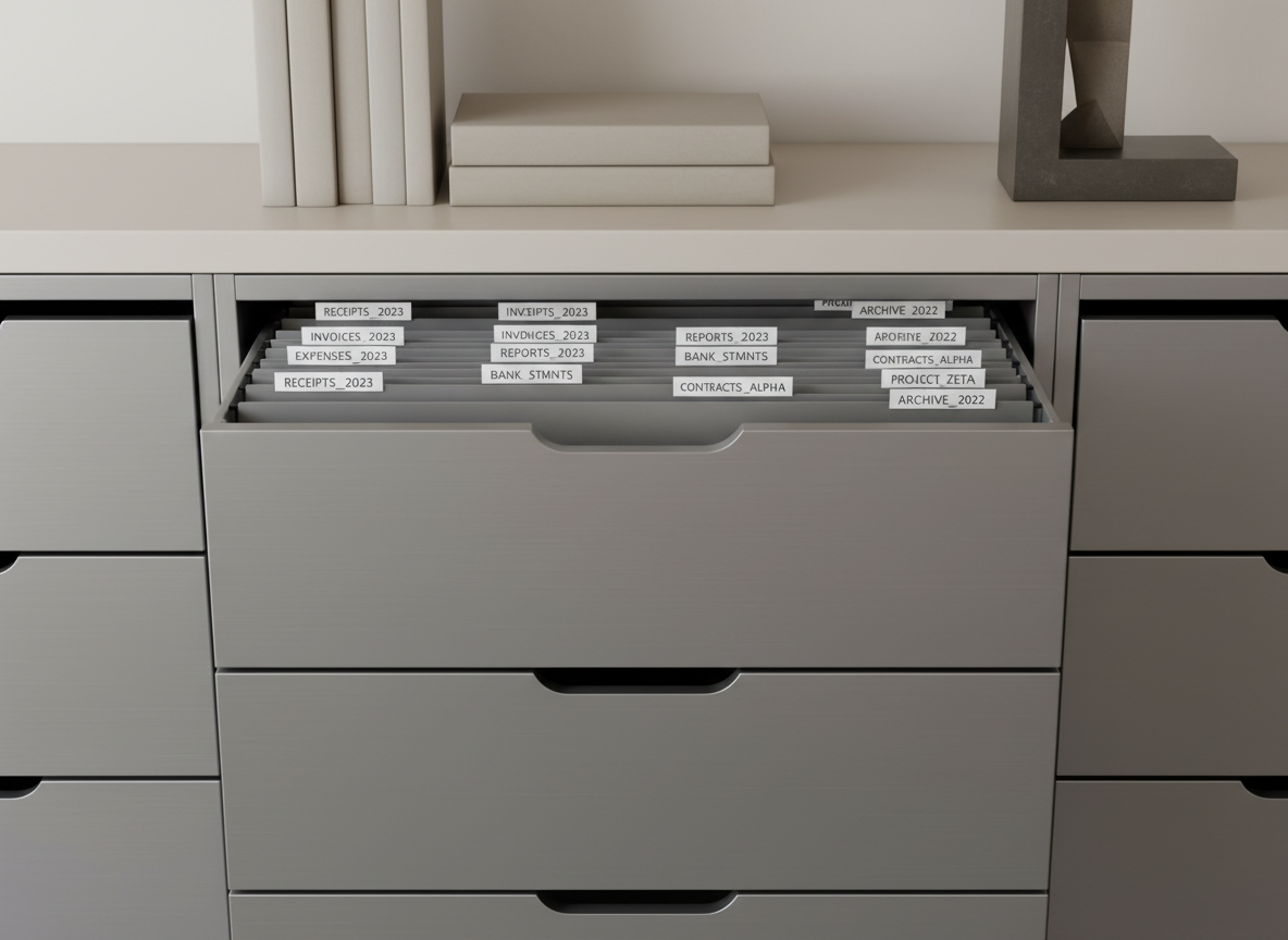 A structured array of labeled, matte-finish gray filing folders neatly organized within a modern brushed aluminum filing cabinet. The folders are uniformly spaced, each label clearly visible and printed in minimalist black sans-serif font. The background features a light beige, wall-mounted shelf with a single decorative, geometric bookend for balance. Overhead diffuse lighting ensures evenly distributed, shadow-free illumination, emphasizing the clarity and orderliness of the system. The composition presents a centered, straight-on view that highlights the symmetry, order, and efficiency. The mood is clean, calm, and systematic, embodying the ideals of professional bookkeeping. The artistic style is photographic realism with a clean, understated corporate feel.